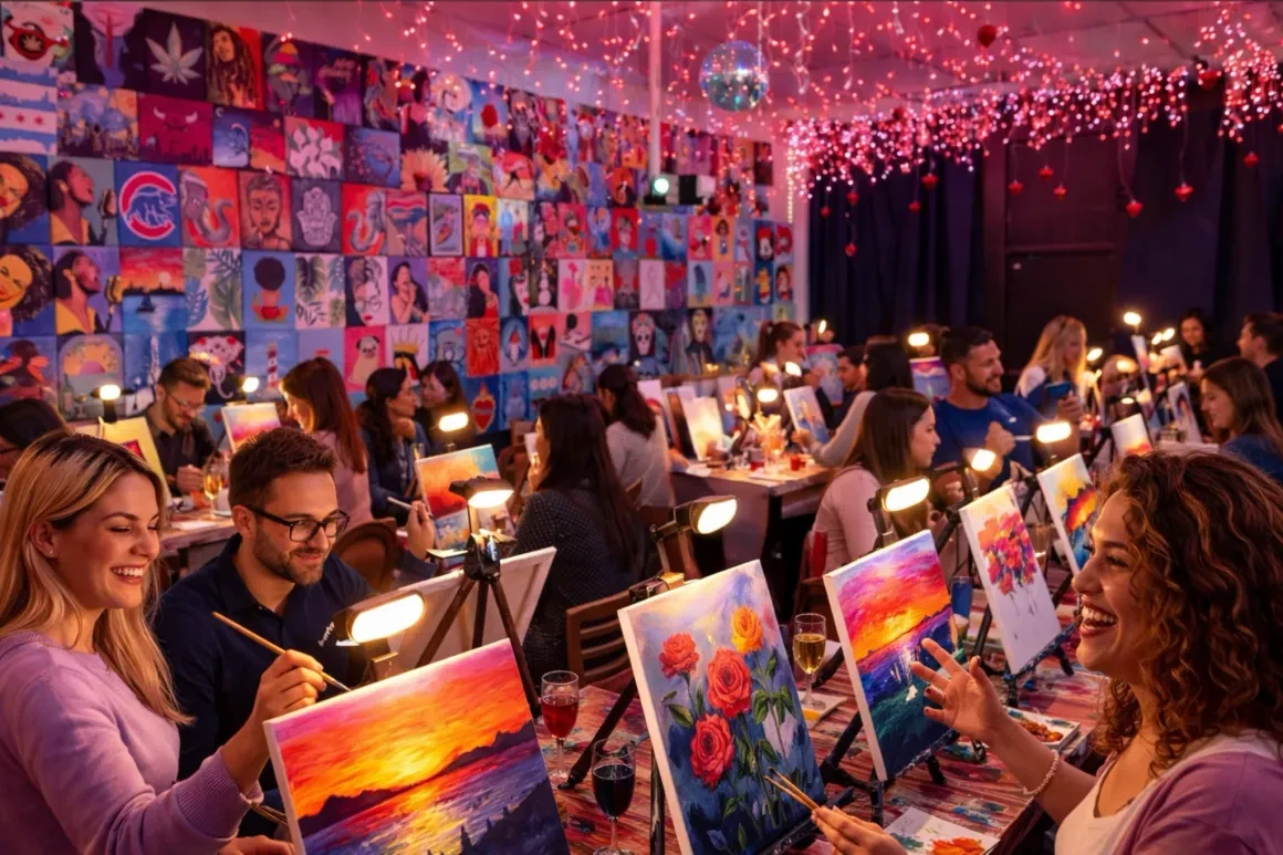 Group painting together at a vibrant art event